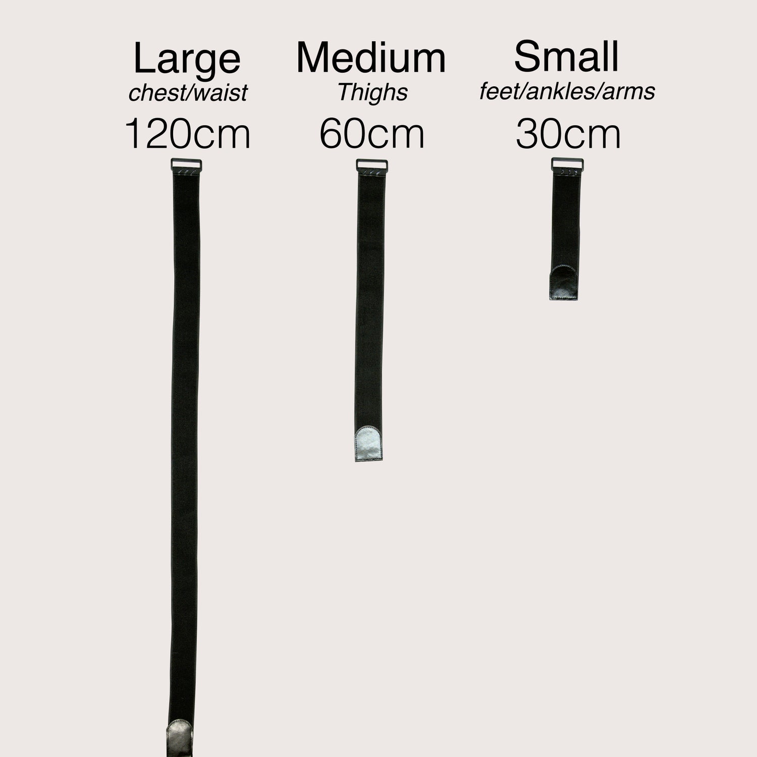 Varying sizes of elastic bands to secure EROS Trackers to your limbs. The Large strap intended for chest and waist trackers is 120cm. The Medium strap intended for thigh trackers is 60cm. The Small strap intended for feet, ankle, and arm tracking is 30cm. For motion tracking of your lower limbs, you will need 1 large, 2 medium, and 2 small straps. For true full-body tracking, you will need 2 large, 2 medium, and 6 small straps.